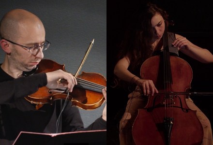 Image divided in two with a violinist on the left and a cellist on the right. Both are using a special bow which was laser-cut after a custom design.